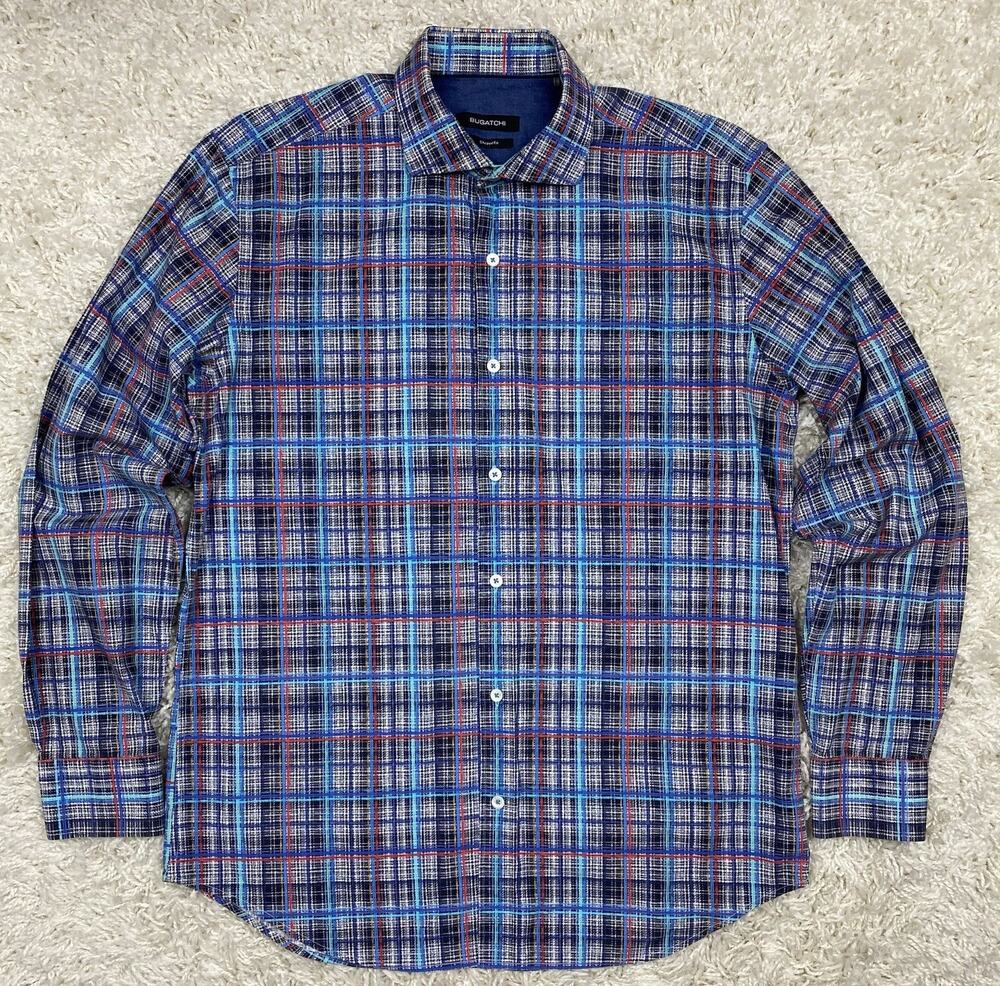 Bugatchi Shaped Fit Men's L Blue Plaid Long Sleeve Button Up Shirt 100% Cotton